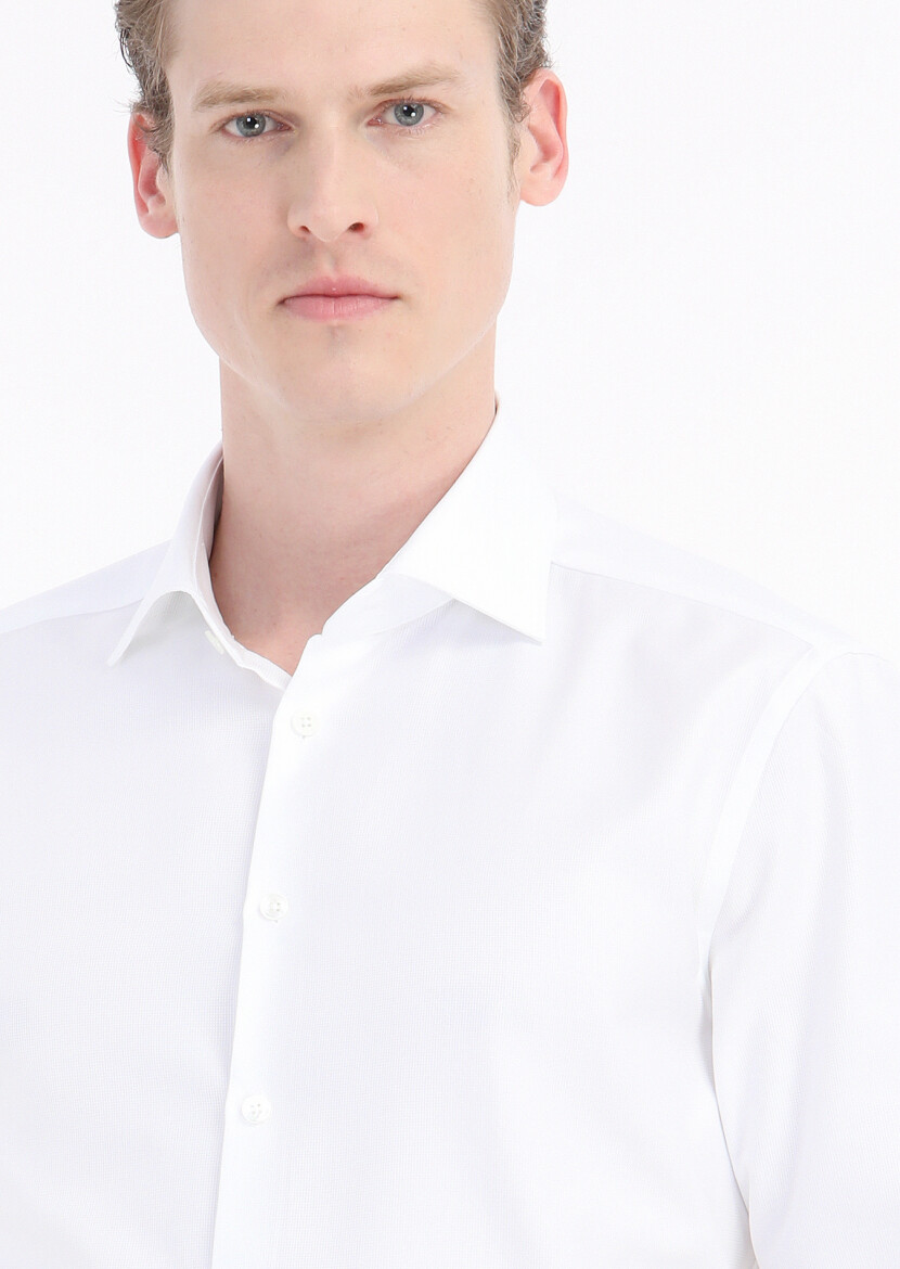 Beyaz Düz Regular Fit Dokuma Klasik %100 Pamuk Gömlek - 3