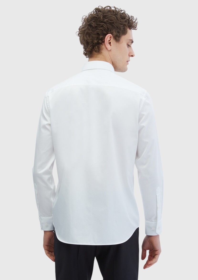 Beyaz Düz Regular Fit Dokuma Klasik %100 Pamuk Gömlek - 4