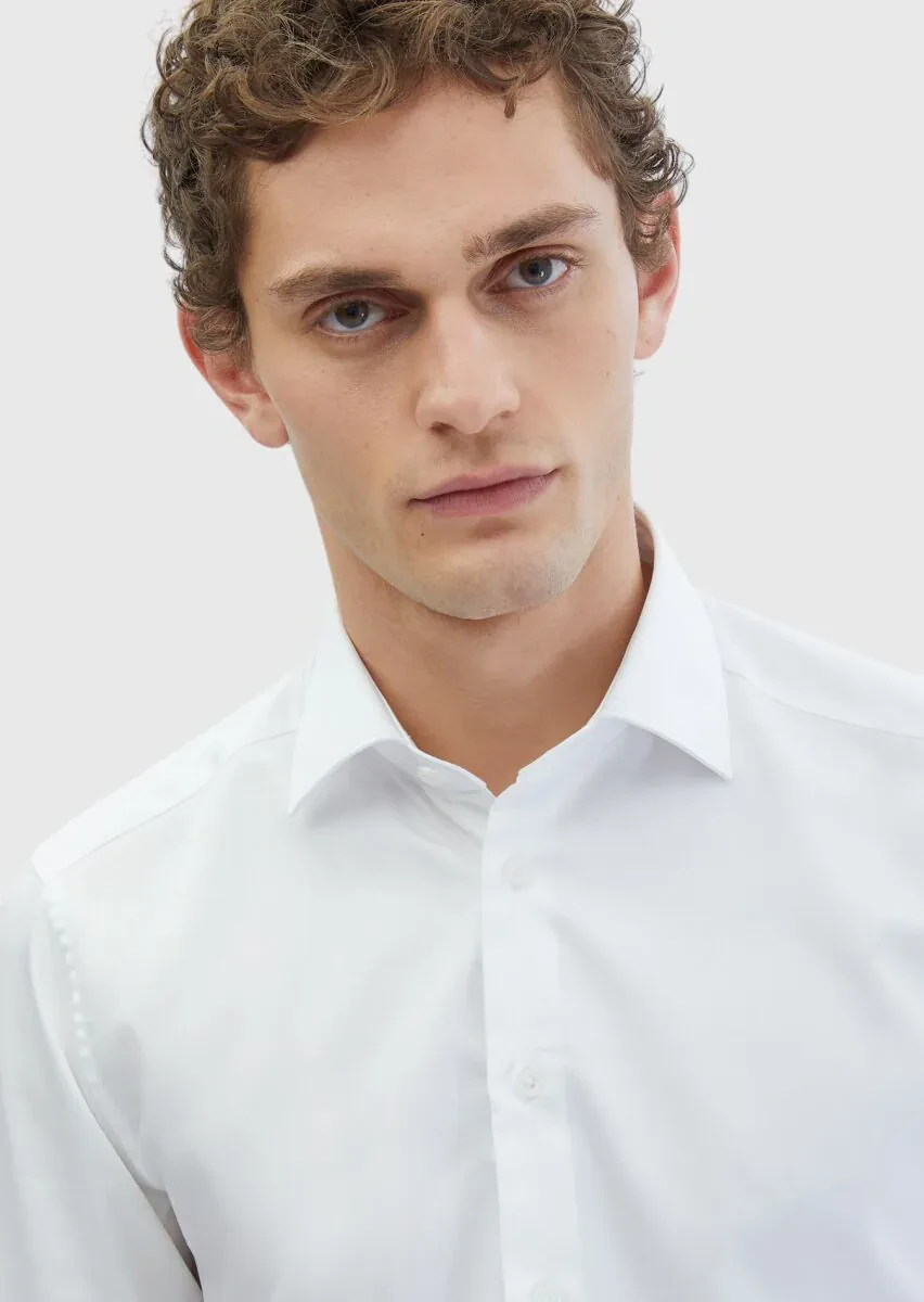 Beyaz Düz Regular Fit Dokuma Klasik %100 Pamuk Gömlek - 3