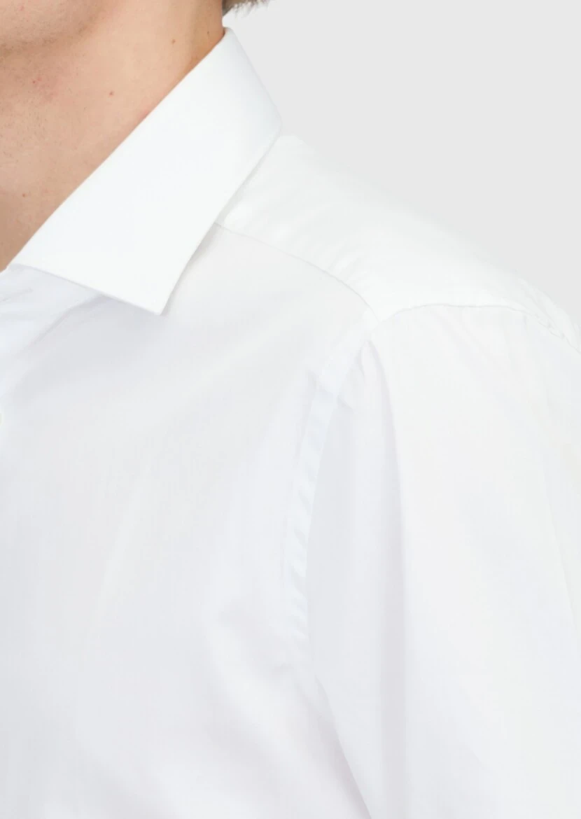 Beyaz Düz Regular Fit Dokuma Klasik %100 Pamuk Gömlek - 5