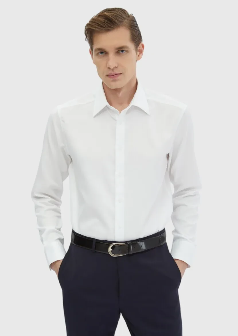 Beyaz Düz Regular Fit Dokuma Klasik %100 Pamuk Gömlek - RAMSEY