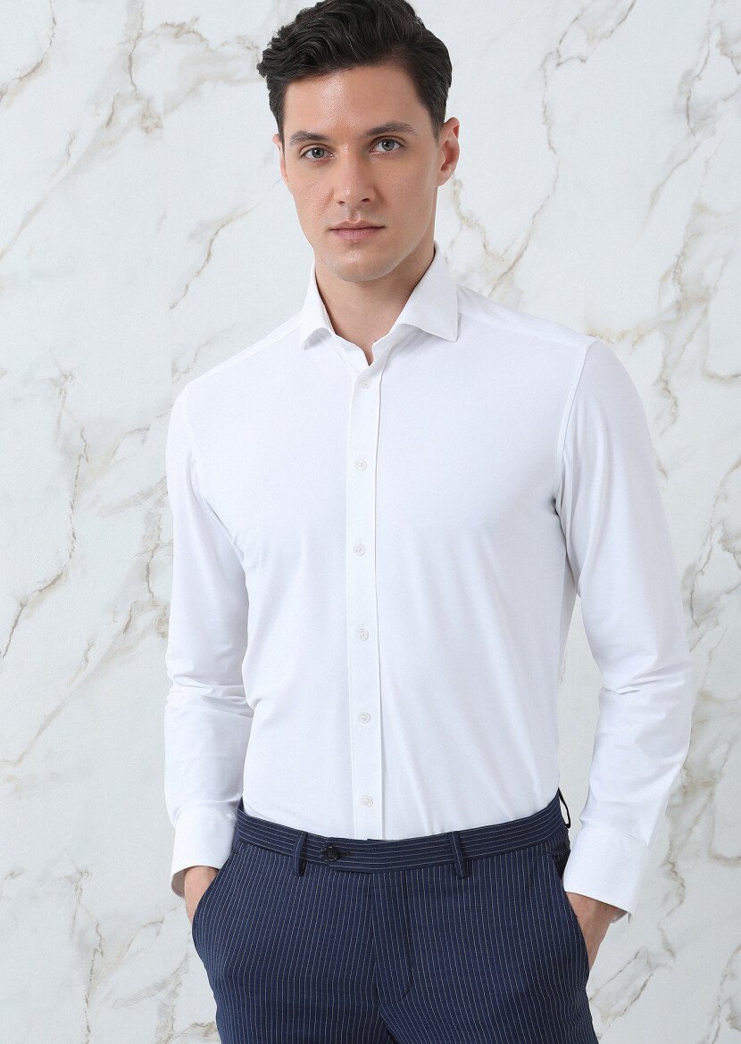 Beyaz Düz Regular Fit Dokuma Klasik Gömlek - 3