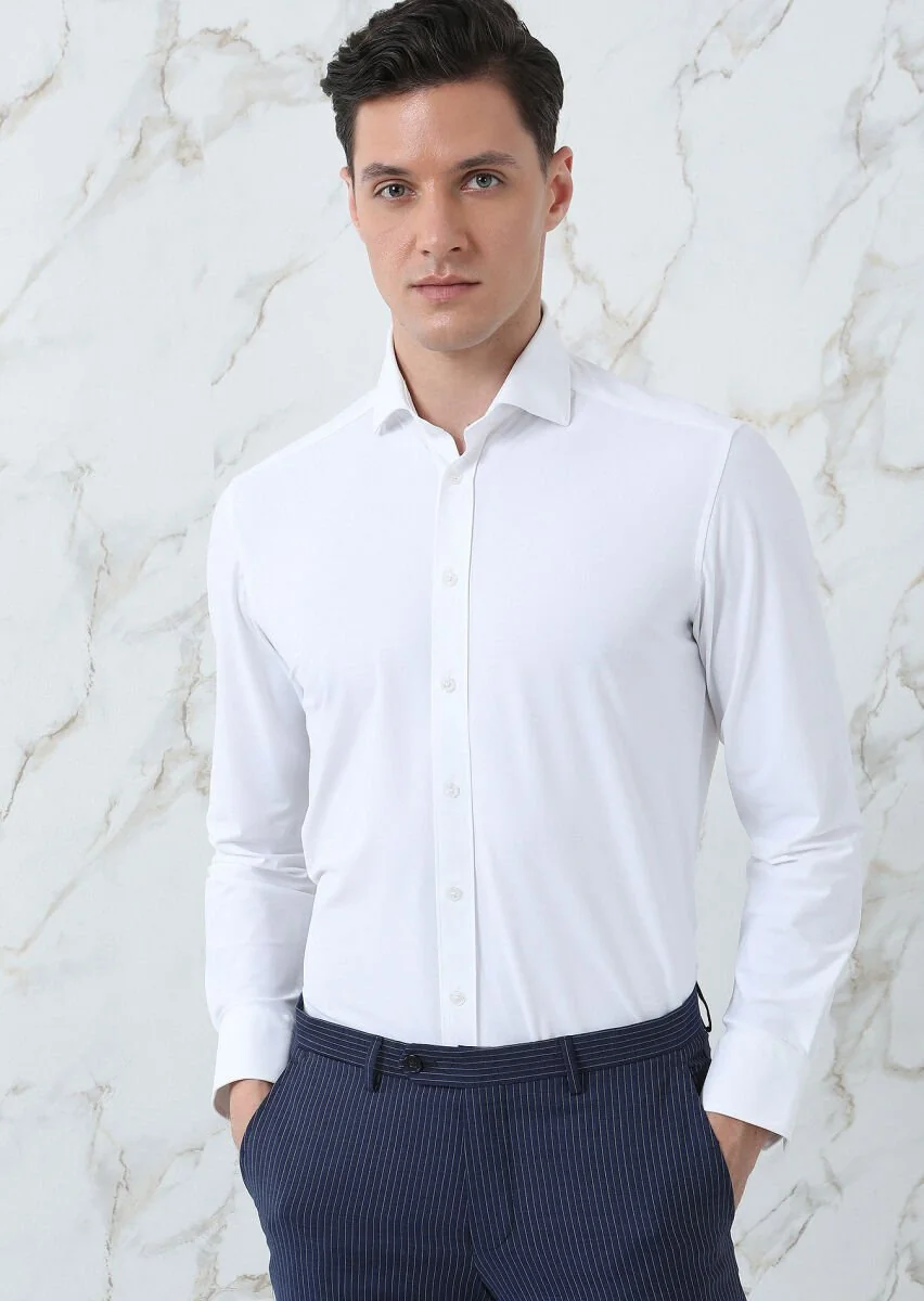 Beyaz Düz Regular Fit Dokuma Klasik Gömlek - 3