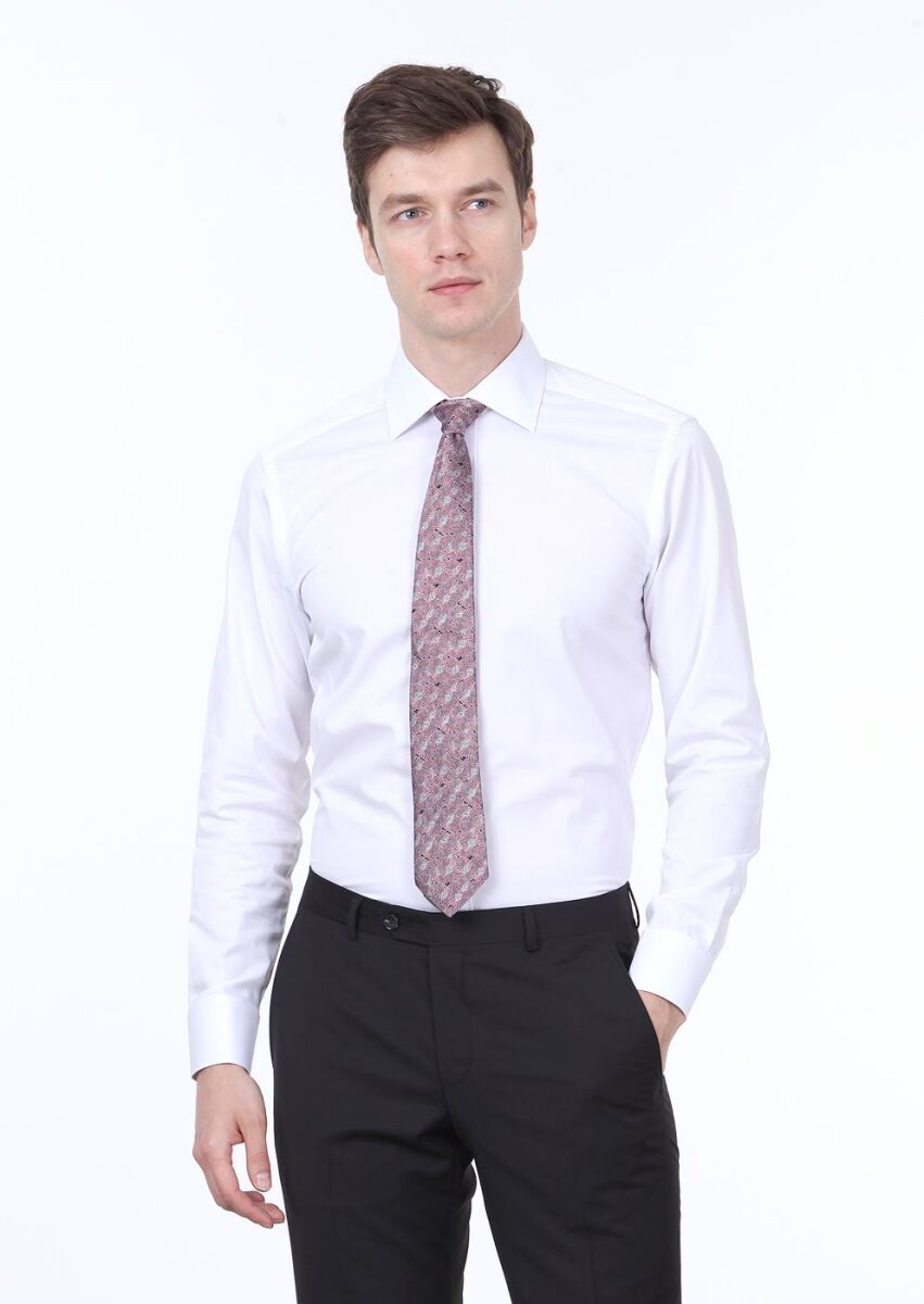 Beyaz Düz Regular Fit Dokuma Klasik Pamuk Karışımlı Gömlek - 2