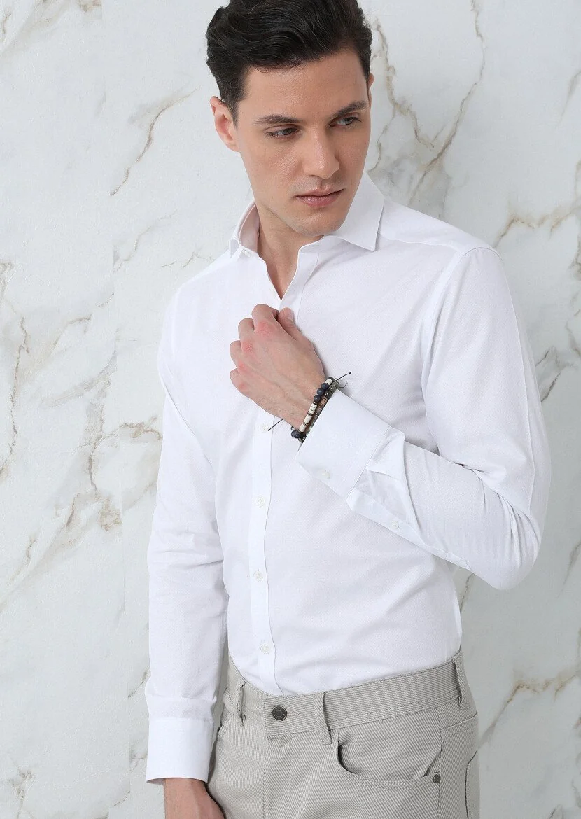 Beyaz Düz Regular Fit Dokuma Klasik Pamuk Karışımlı Gömlek - 4