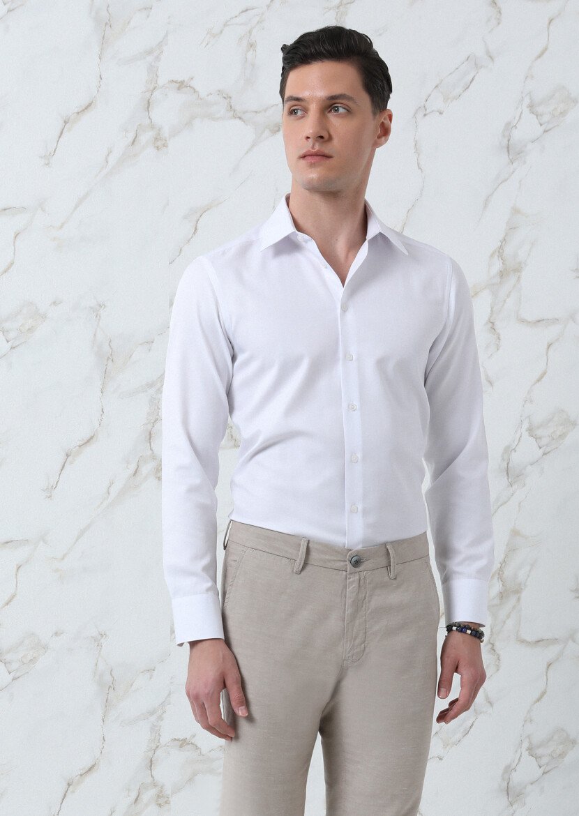 Beyaz Düz Regular Fit Dokuma Klasik Pamuk Karışımlı Gömlek - 2