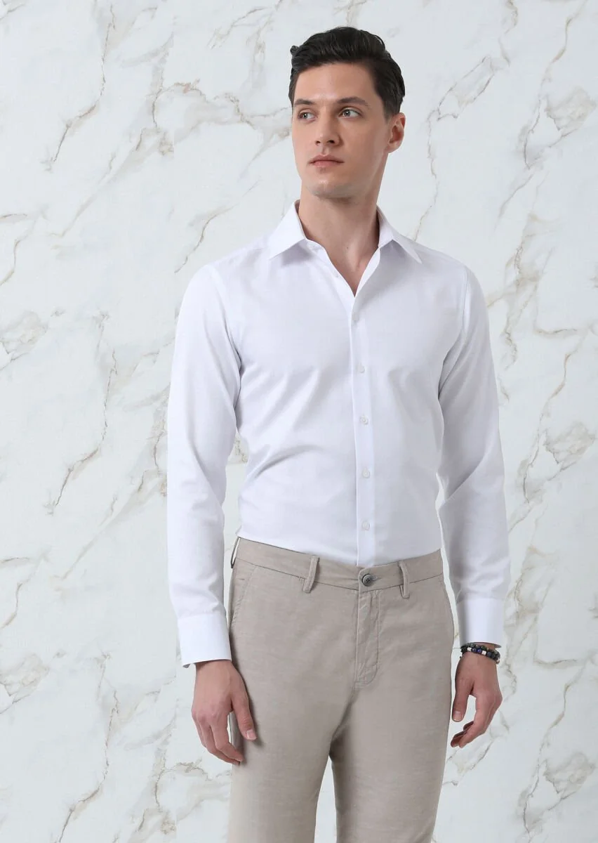 Beyaz Düz Regular Fit Dokuma Klasik Pamuk Karışımlı Gömlek - 2