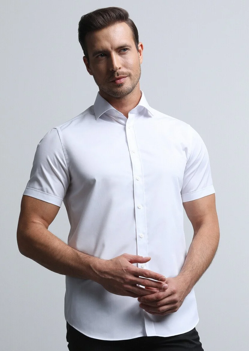 Beyaz Düz Regular Fit Dokuma Klasik Pamuk Karışımlı Gömlek - 2