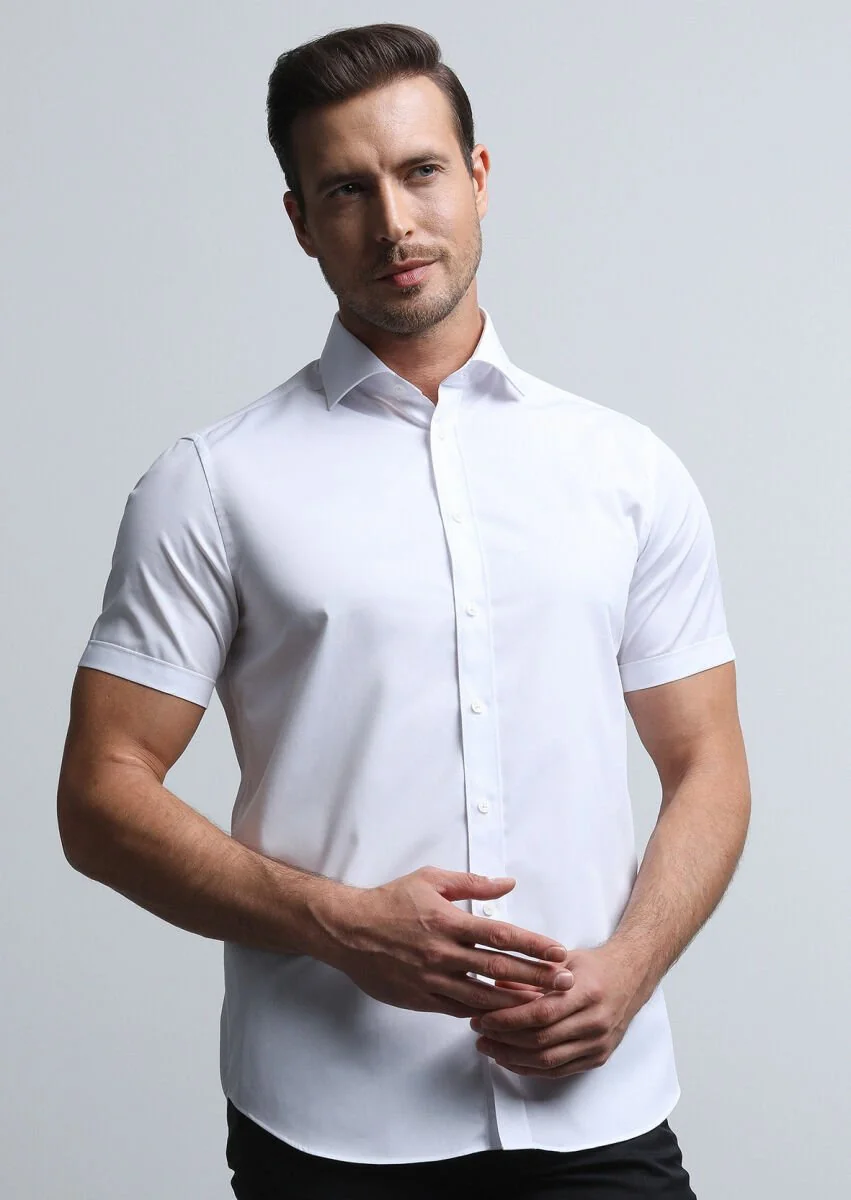 Beyaz Düz Regular Fit Dokuma Klasik Pamuk Karışımlı Gömlek - 2