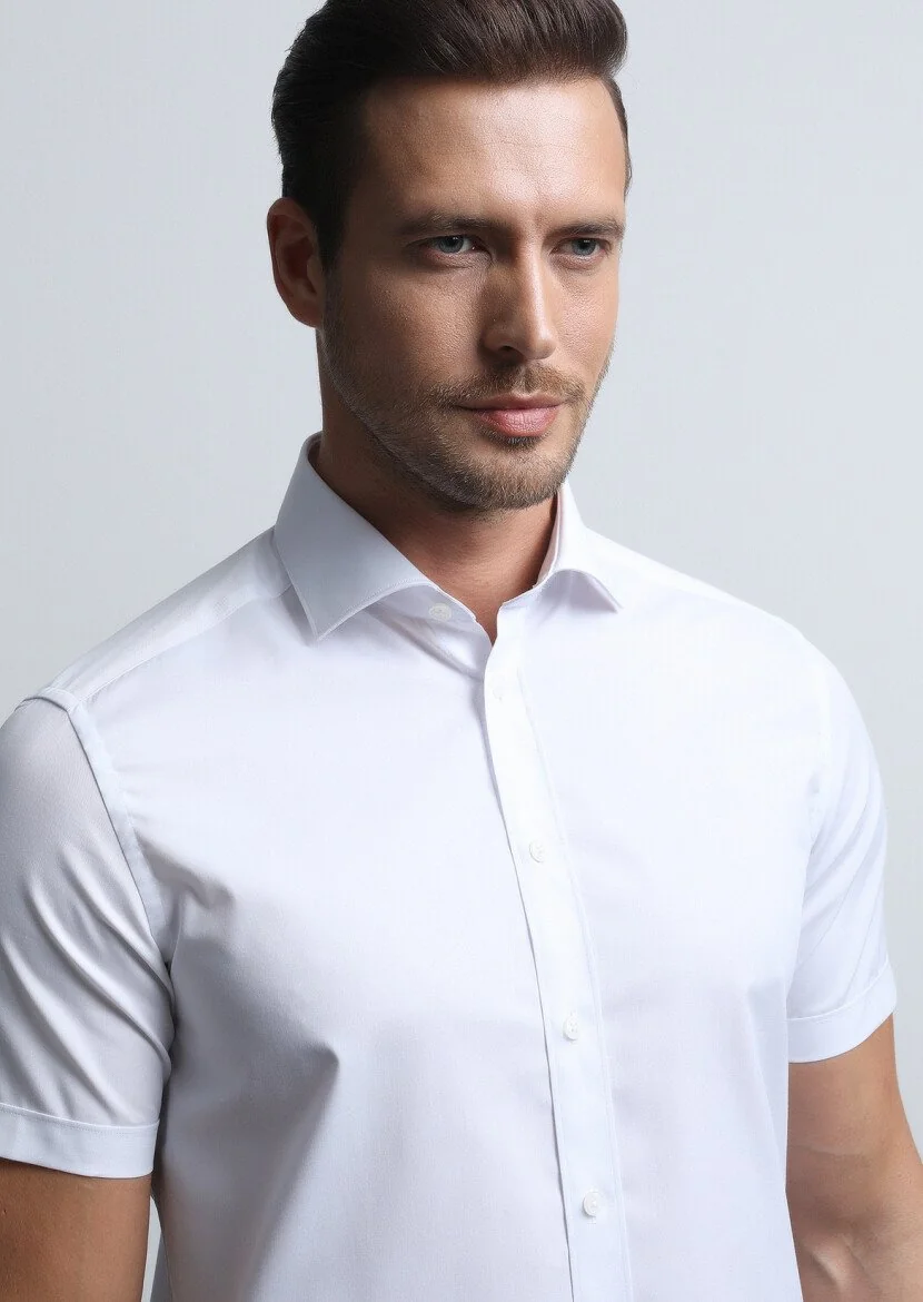 Beyaz Düz Regular Fit Dokuma Klasik Pamuk Karışımlı Gömlek - 3
