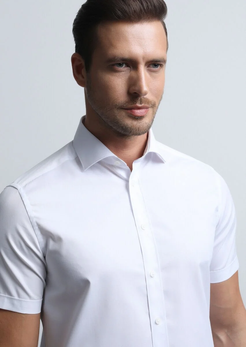 Beyaz Düz Regular Fit Dokuma Klasik Pamuk Karışımlı Gömlek - 3