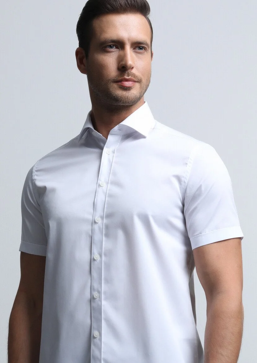 Beyaz Düz Regular Fit Dokuma Klasik Pamuk Karışımlı Gömlek - 4