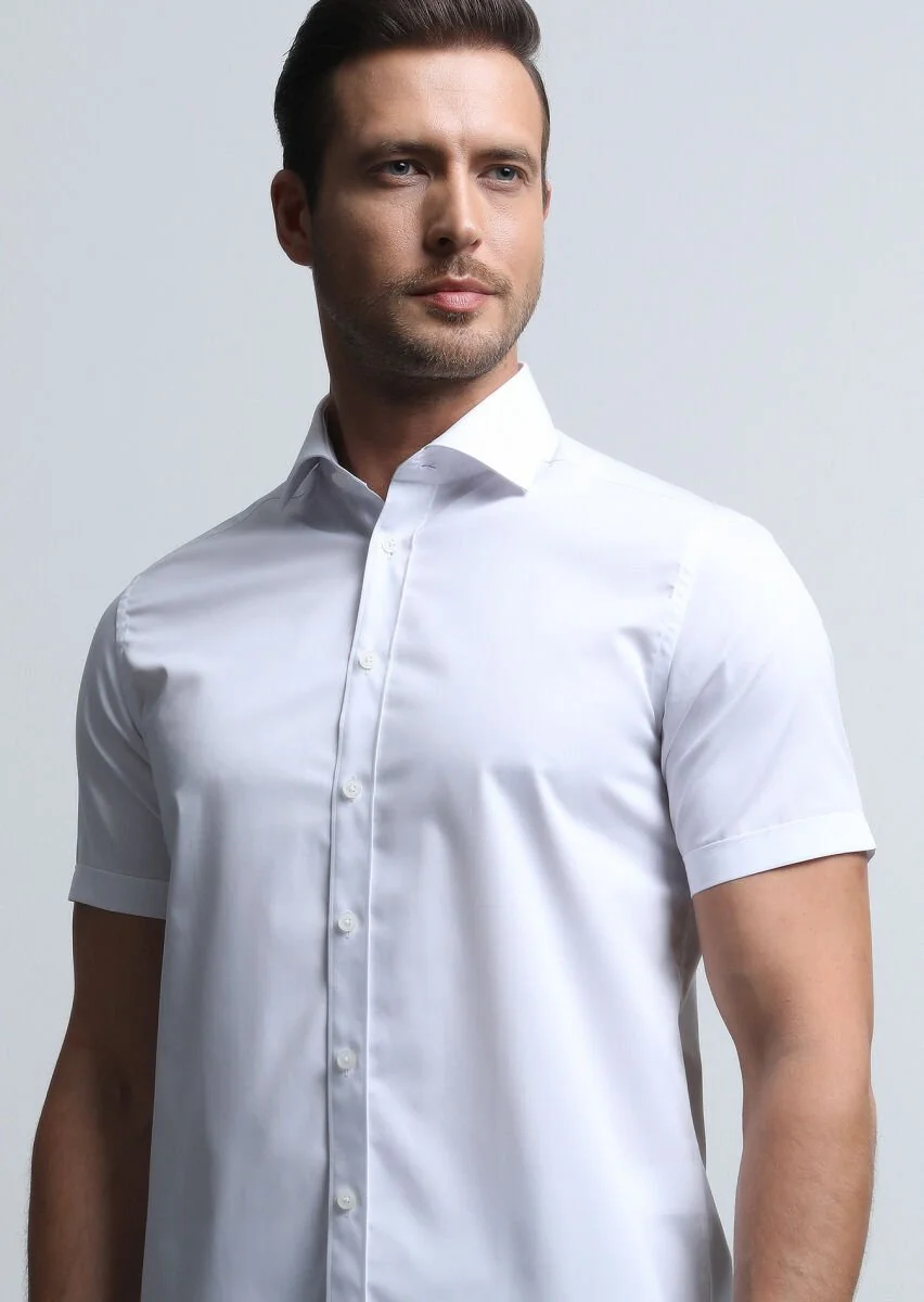 Beyaz Düz Regular Fit Dokuma Klasik Pamuk Karışımlı Gömlek - 4