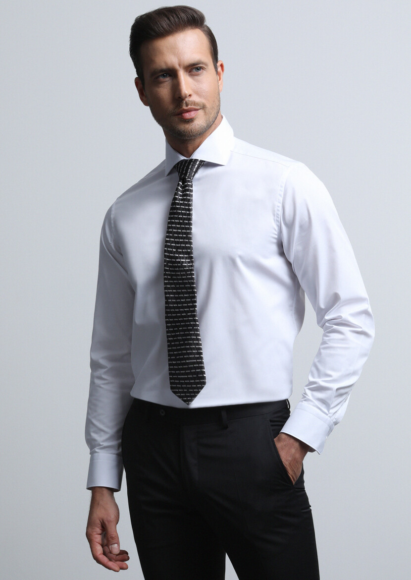 Beyaz Düz Regular Fit Dokuma Klasik Pamuk Karışımlı Gömlek - 3