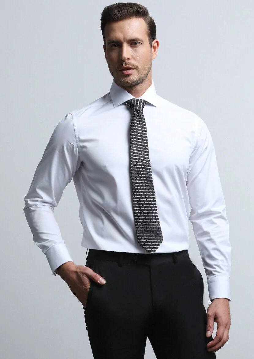Beyaz Düz Regular Fit Dokuma Klasik Pamuk Karışımlı Gömlek - 4