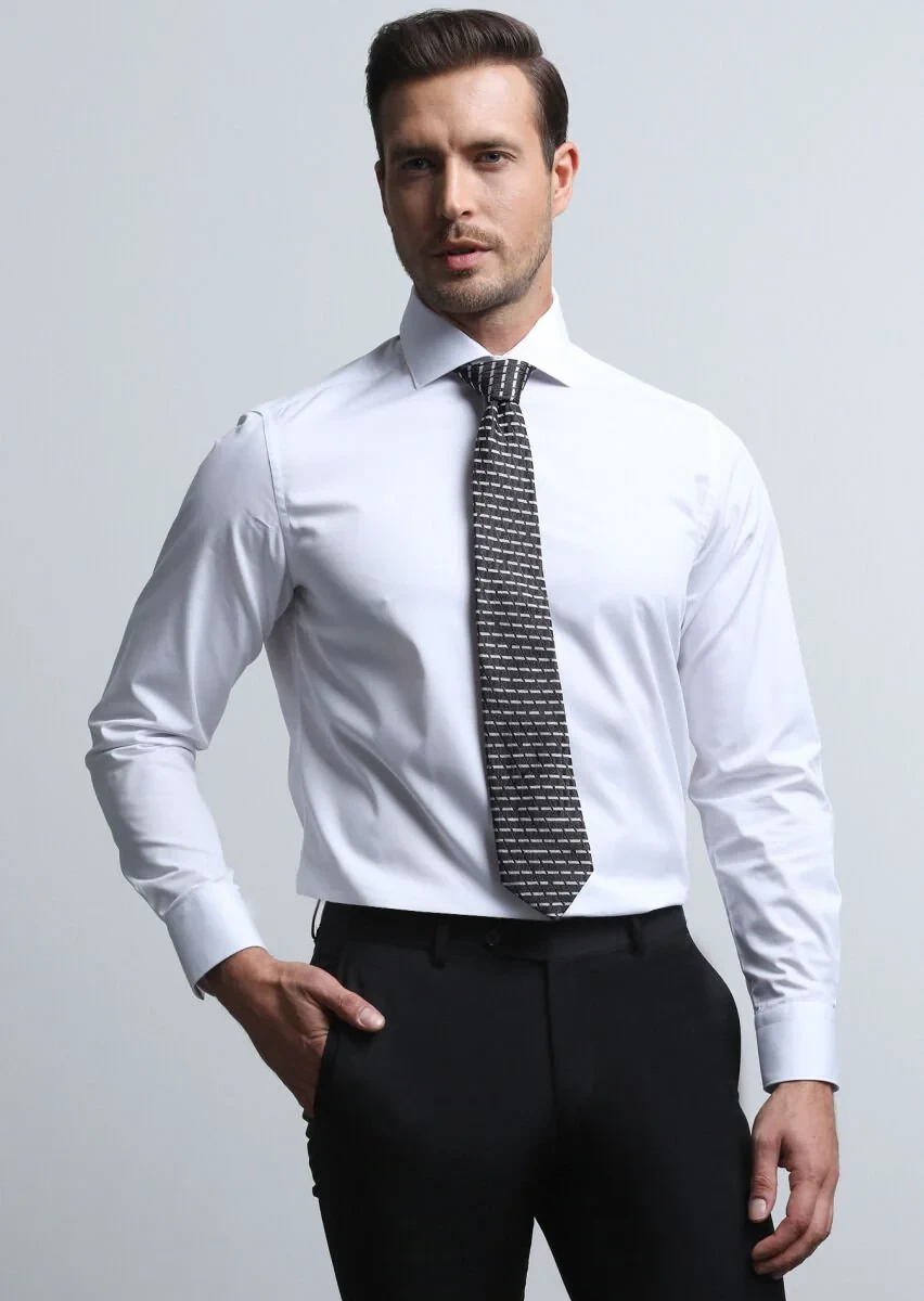 Beyaz Düz Regular Fit Dokuma Klasik Pamuk Karışımlı Gömlek - 4