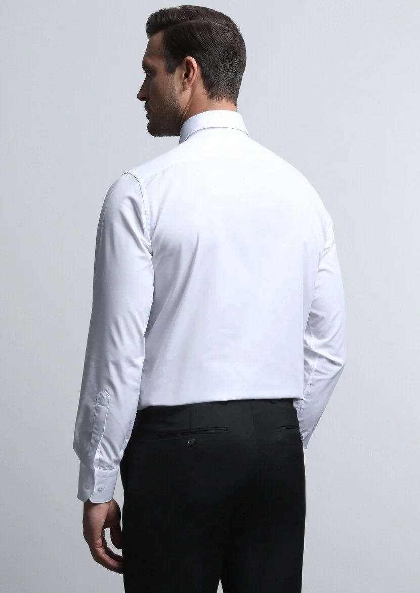 Beyaz Düz Regular Fit Dokuma Klasik Pamuk Karışımlı Gömlek - 5