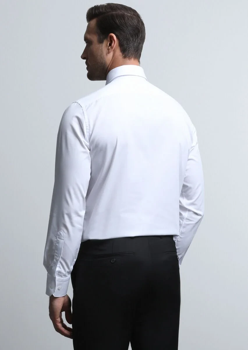 Beyaz Düz Regular Fit Dokuma Klasik Pamuk Karışımlı Gömlek - 5