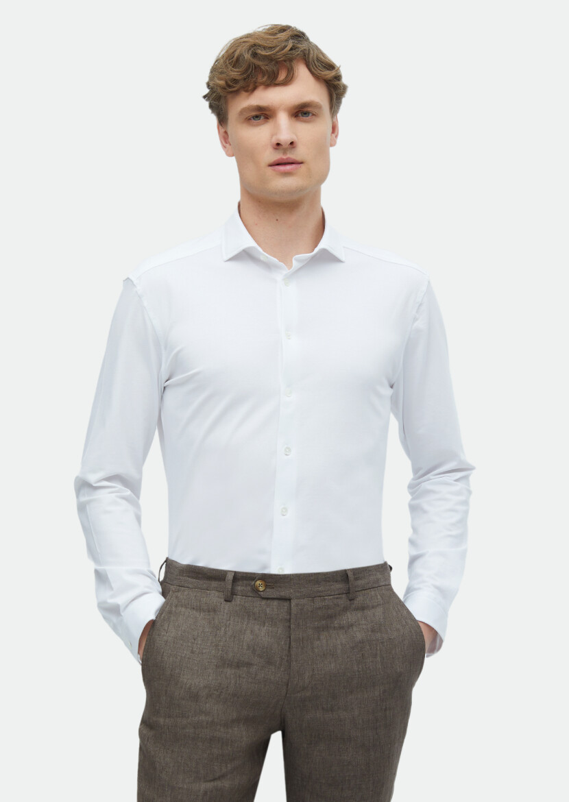 Beyaz Düz Regular Fit Uzun Casual Pamuk Karışımlı Gömlek - 1