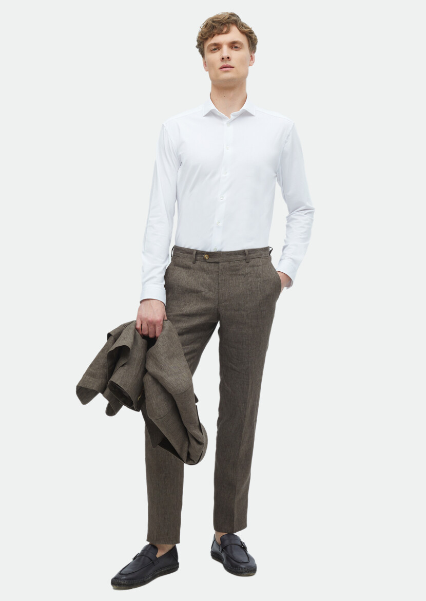 Beyaz Düz Regular Fit Uzun Casual Pamuk Karışımlı Gömlek 