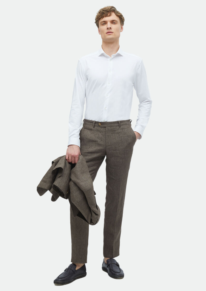 Beyaz Düz Regular Fit Uzun Casual Pamuk Karışımlı Gömlek - 2