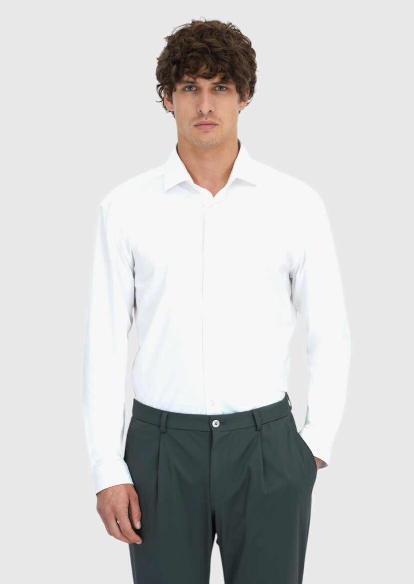 Beyaz Düz Regular Fit Uzun Casual Pamuk Karışımlı Gömlek - 1