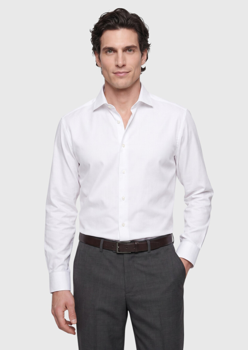Beyaz Düz Regular Fit Uzun Casual Pamuk Karışımlı Gömlek 