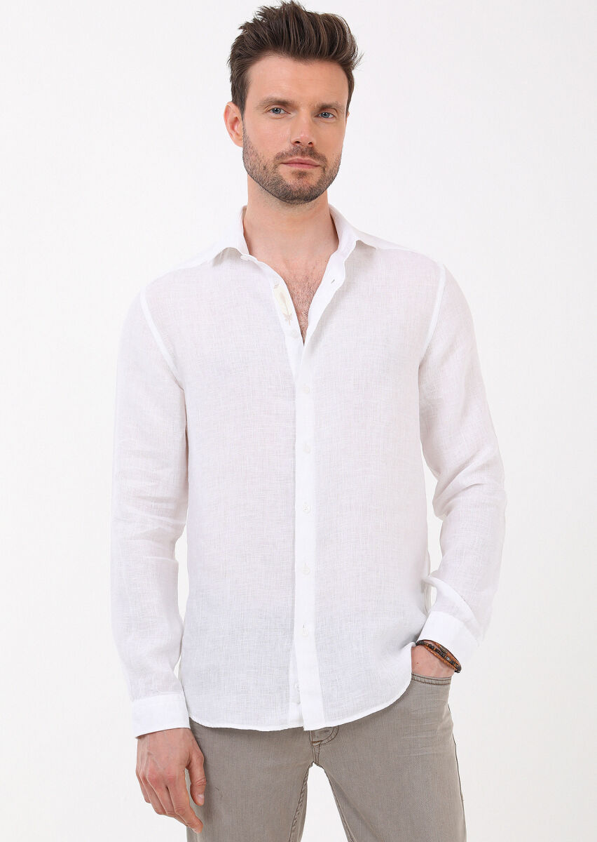 Beyaz Düz Regular Fit Uzun Dokuma Casual %100 Keten Gömlek - 2