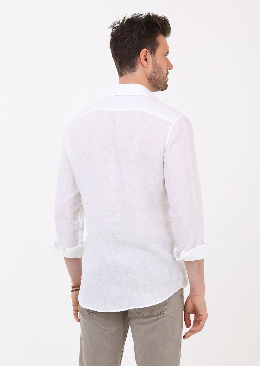 Beyaz Düz Regular Fit Uzun Dokuma Casual %100 Keten Gömlek - 3