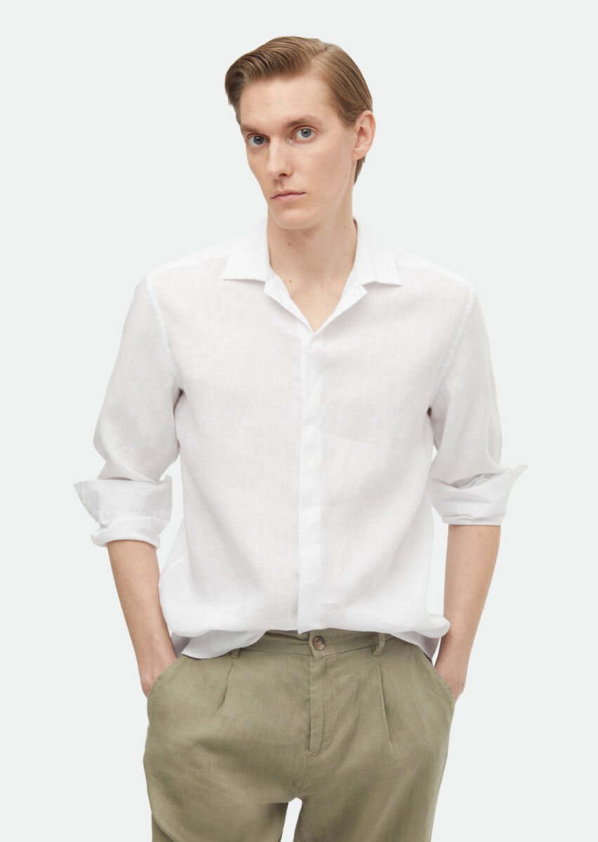 Beyaz Düz Regular Fit Uzun Dokuma Casual %100 Keten Gömlek - 1