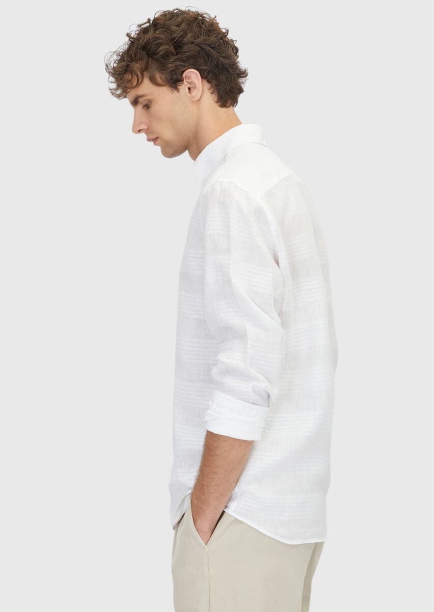 Beyaz Düz Regular Fit Uzun Dokuma Casual %100 Keten Gömlek - 3