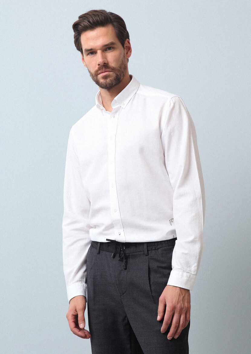 Beyaz Düz Regular Fit Uzun Dokuma Casual %100 Pamuk Gömlek - 3