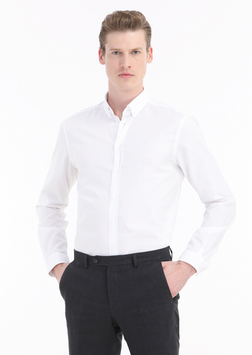 Beyaz Düz Regular Fit Uzun Dokuma Casual %100 Pamuk Gömlek - 2
