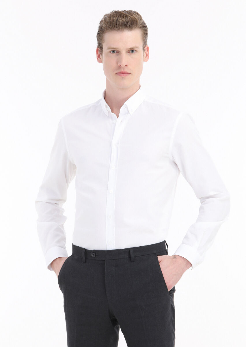 Beyaz Düz Regular Fit Uzun Dokuma Casual %100 Pamuk Gömlek - 2
