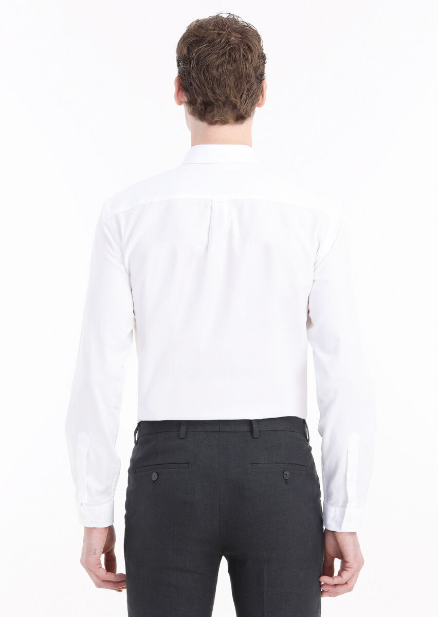 Beyaz Düz Regular Fit Uzun Dokuma Casual %100 Pamuk Gömlek - 6