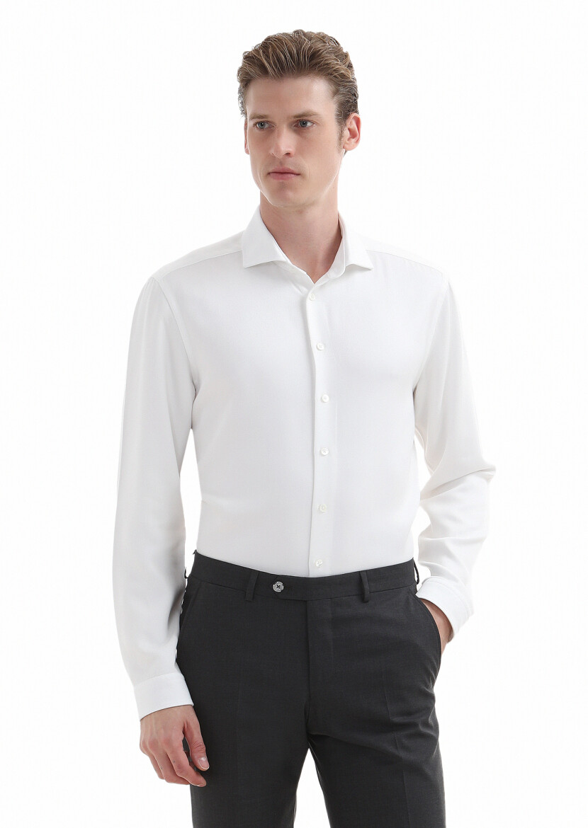 Beyaz Düz Regular Fit Uzun Dokuma Casual Gömlek - 1