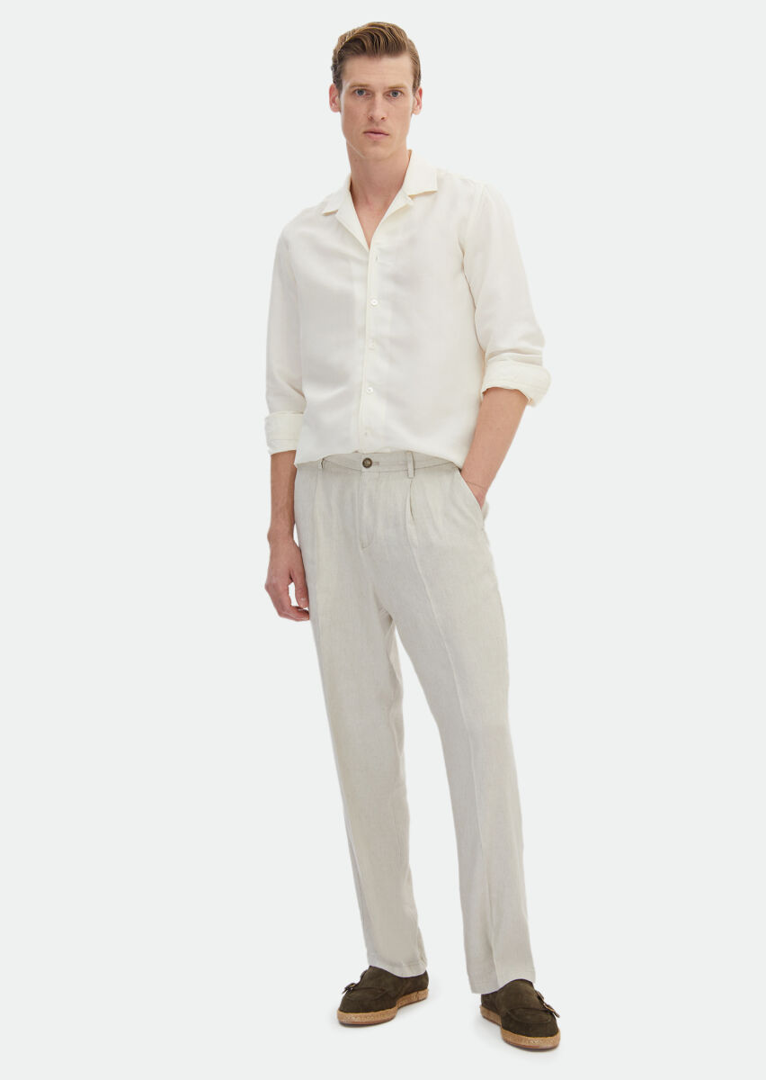 Beyaz Düz Regular Fit Uzun Dokuma Casual Keten Karışımlı Gömlek - 2