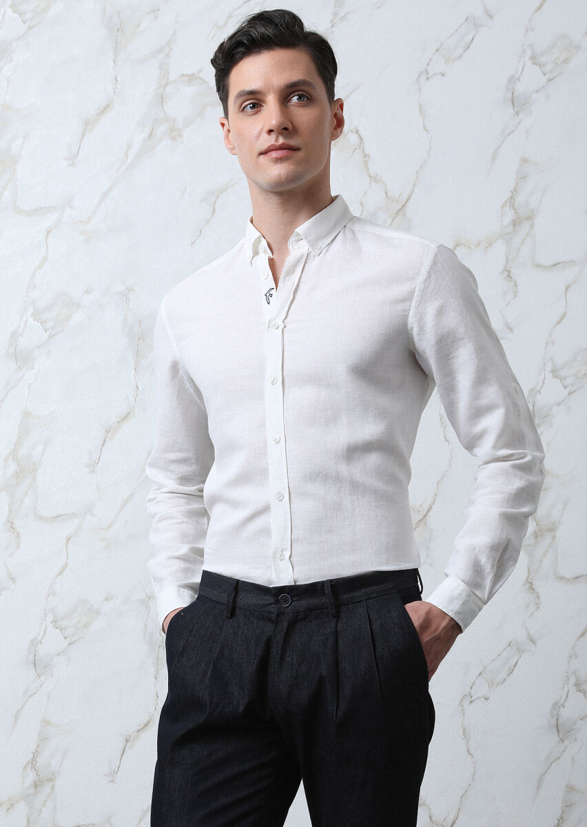 Beyaz Düz Regular Fit Uzun Dokuma Casual Pamuk Karışımlı Gömlek - 1