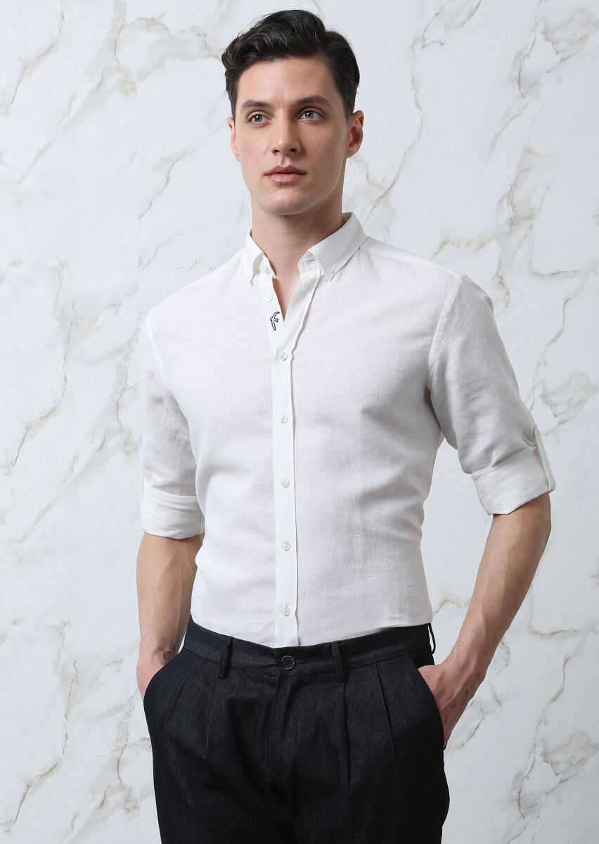 Beyaz Düz Regular Fit Uzun Dokuma Casual Pamuk Karışımlı Gömlek - 2