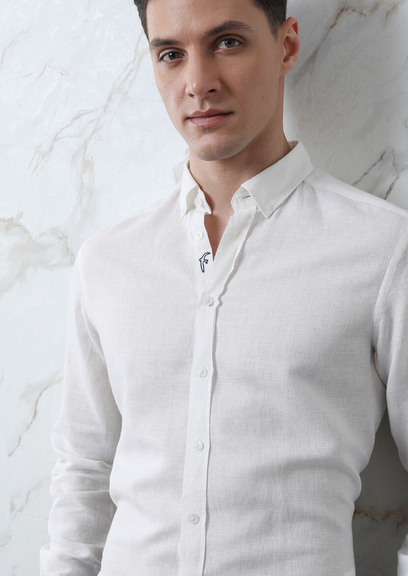 Beyaz Düz Regular Fit Uzun Dokuma Casual Pamuk Karışımlı Gömlek - 3