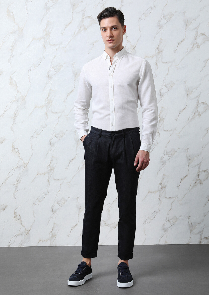 Beyaz Düz Regular Fit Uzun Dokuma Casual Pamuk Karışımlı Gömlek - 4