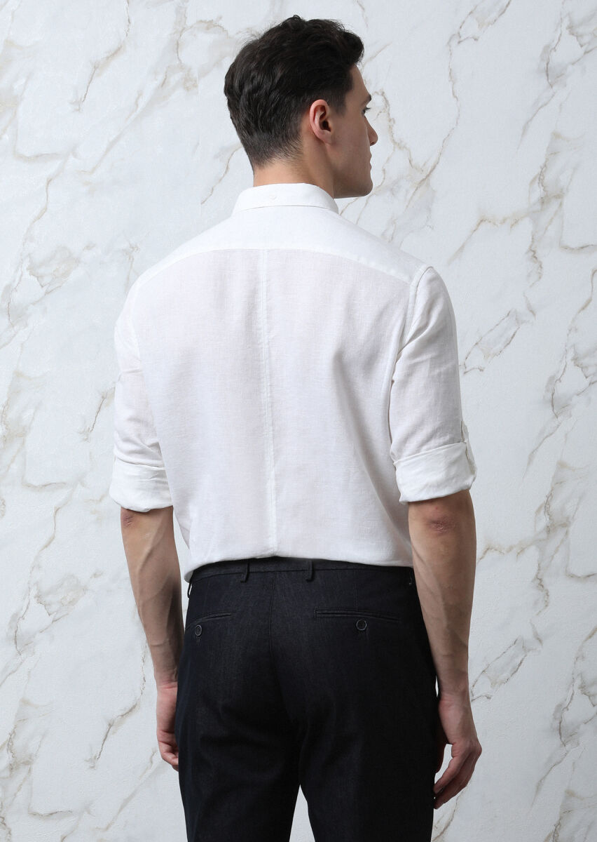 Beyaz Düz Regular Fit Uzun Dokuma Casual Pamuk Karışımlı Gömlek - 5