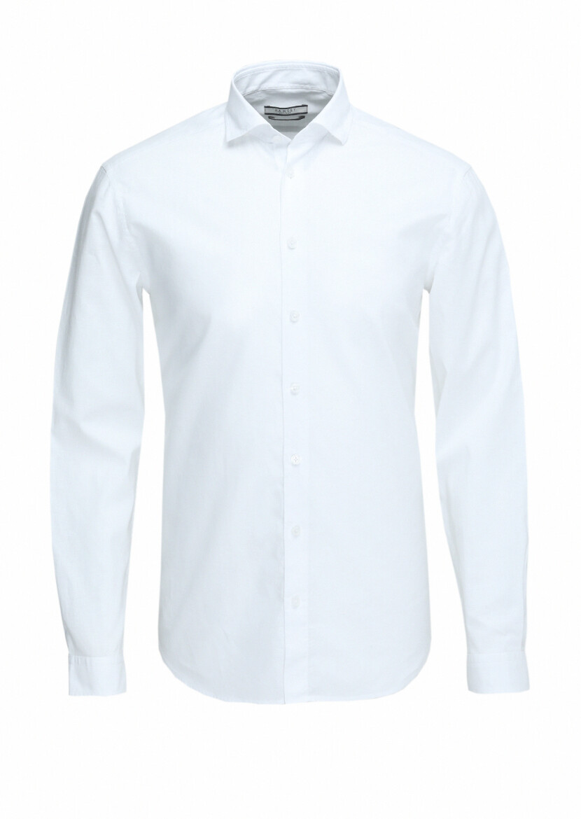 Beyaz Düz Regular Fit Uzun Dokuma Casual Pamuk Karışımlı Gömlek - 1