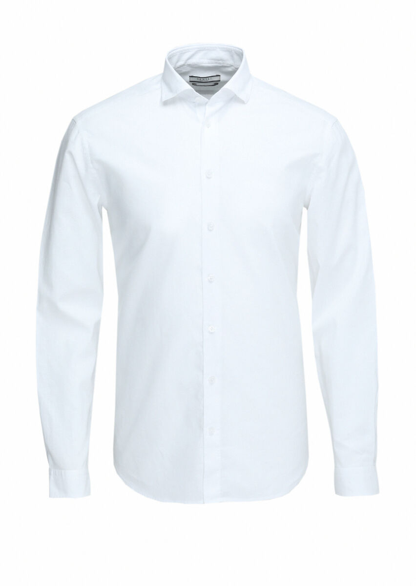 Beyaz Düz Regular Fit Uzun Dokuma Casual Pamuk Karışımlı Gömlek - 1