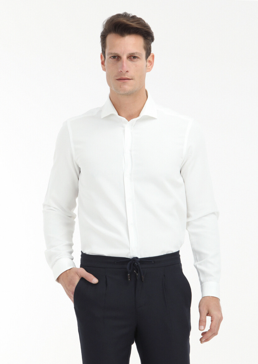 Beyaz Düz Regular Fit Uzun Dokuma Casual Pamuk Karışımlı Gömlek 