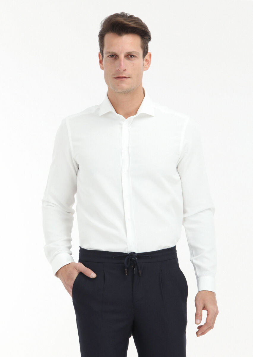 Beyaz Düz Regular Fit Uzun Dokuma Casual Pamuk Karışımlı Gömlek - 2