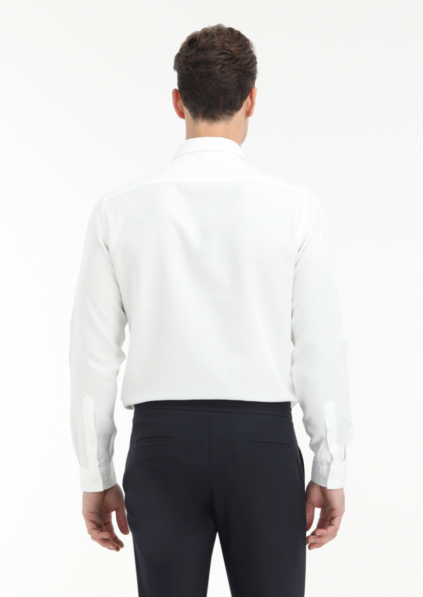 Beyaz Düz Regular Fit Uzun Dokuma Casual Pamuk Karışımlı Gömlek - 4