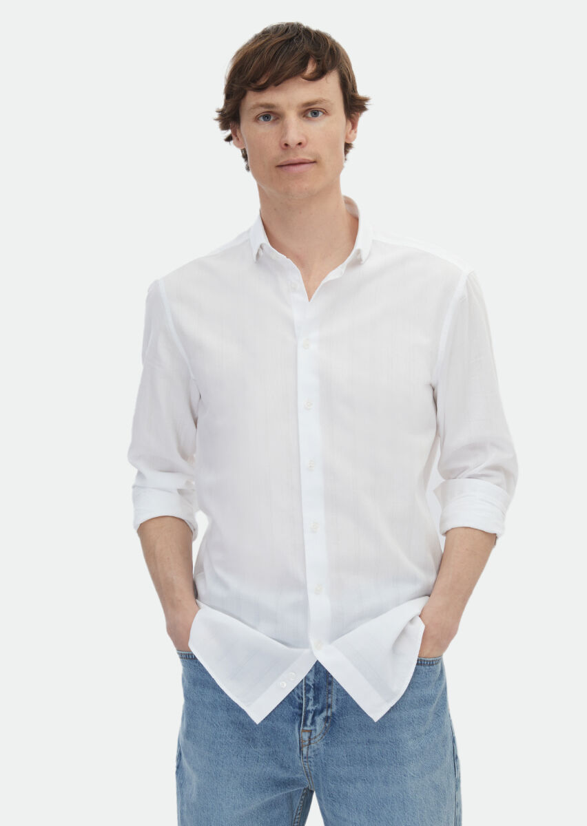 Beyaz Düz Regular Fit Uzun Dokuma Casual Pamuk Karışımlı Gömlek - 1