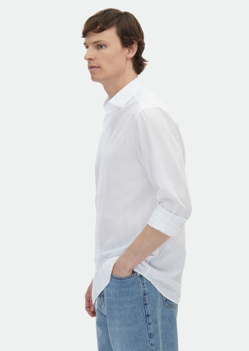 Beyaz Düz Regular Fit Uzun Dokuma Casual Pamuk Karışımlı Gömlek - 3