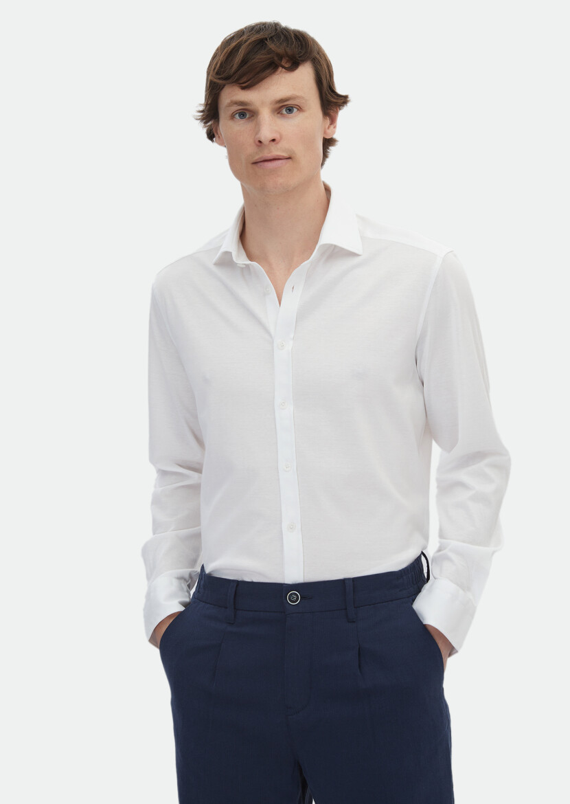 Beyaz Düz Regular Fit Uzun Dokuma Klasik %100 Pamuk Gömlek - 1